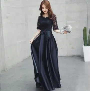 네이비 레이스 5부 소매 롱 드레스