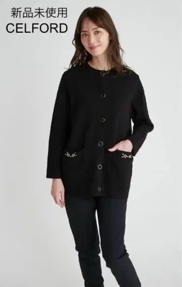 미사용 CELFORD 로고 엠보 자카드 니트 가디건