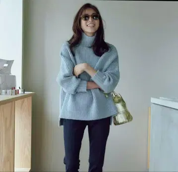 enklar 터틀넥 스웨터 라이트 블루 믹스 리브 니트 VERY