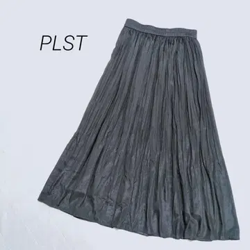 플라스테 플리츠 롱 스커트 시어 샤이니 광택감 허리 전체 밴딩