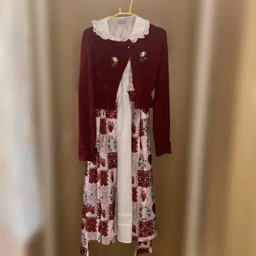 axes femme kawaii 스트로베리 패턴 롱 원피스 & 가디건