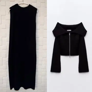 슬리브리스 원피스 & 리브 니트 가디건