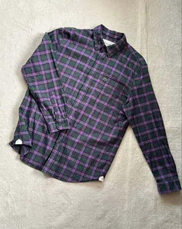 LACOSTE 그린 퍼플 체크 긴팔 셔츠