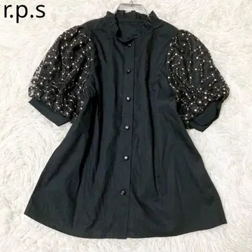 RPS 반팔 블라우스 벌룬 슬리브 프릴 옷깃 면 100% 블랙