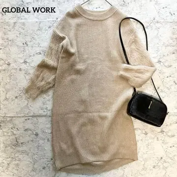 [ 글로벌 워크 ] 소매 샤기 니트 원피스 튜닉 복슬복슬 베이지