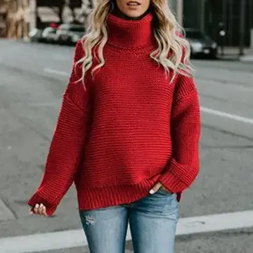 레드 니트 스웨터 터틀넥 풀오버