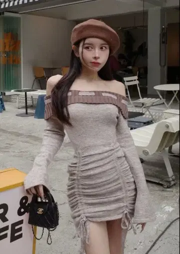 Darich 오프숄더 스티치 니트 미니 원피스