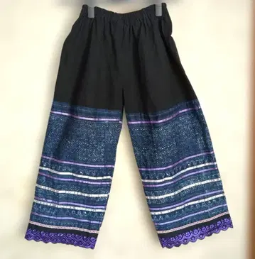 몽족 자수 7부 기장 팬츠 여성용 L 보라색 계열