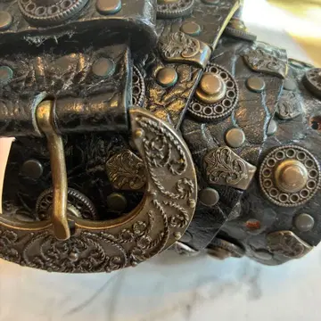 이탈리아제 천연 가죽 빈티지 브라스 장식 굵은 벨트 y2k archive