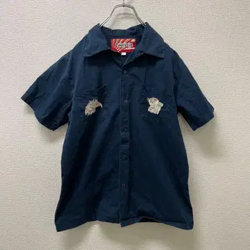 [ HOUSTON ] 반팔 자수 셔츠 면 네이비 사이즈 M