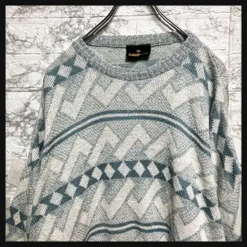 기하학 패턴 크루넥 스웨터 와이드 소매 드롭 숄더 화이트 블루 올 패턴