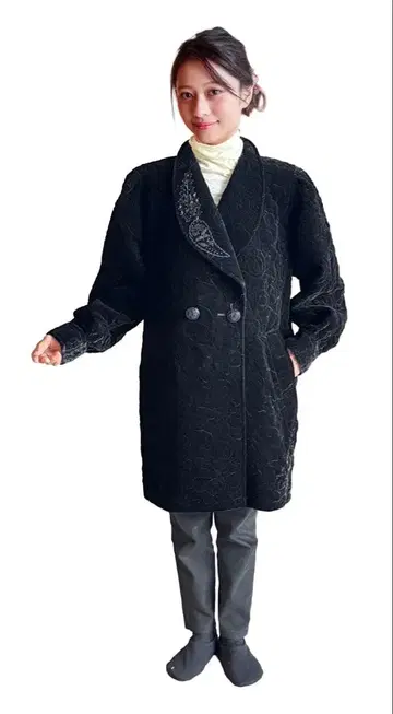 Cremona 고져스 코트 블랙 롱 코트 더블 버튼 자수 포함