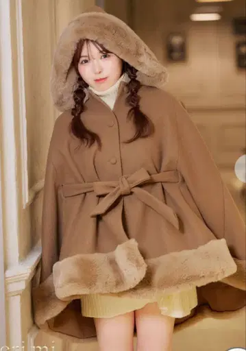 셰리미 퍼 트리밍 x 리본 벨트 판초 코트 사이즈 F