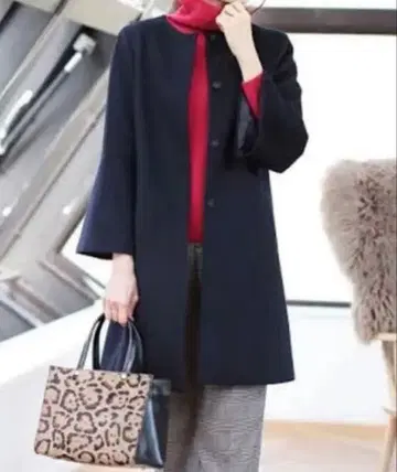 ANAYI 멜톤 울 소매 플레어 노카라 코트 네이비 38