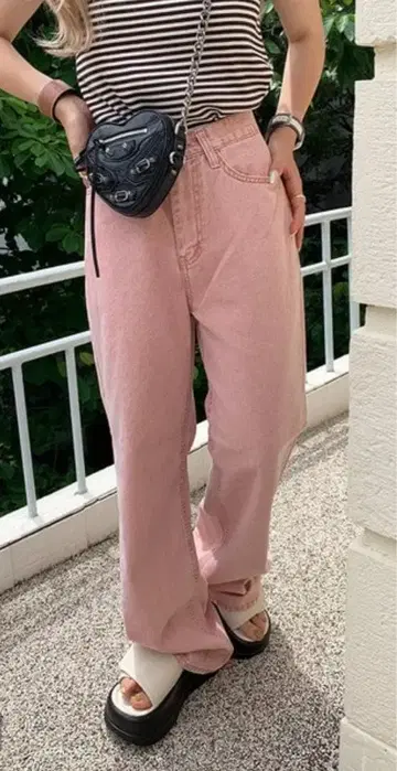 핑크 데님 와이드 팬츠