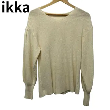 이카 아이보리 V넥 긴팔 니트 퍼프 슬리브 얇은 소재 L 심플