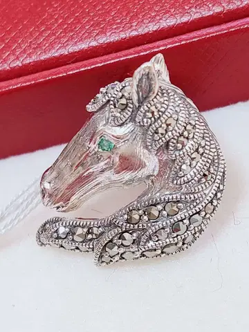 미사용품 록잔 말 에메랄드 실버 핀 브로치