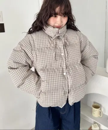 체크 리본 다운 자켓 소매 탈부착 가능