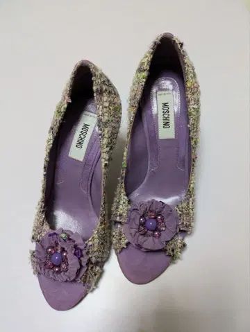 MOSCHINO 꽃무늬 보라색 트위드 하이힐