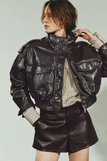 ZARA 스트랩 페이크 가죽 자켓 브라운