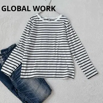 H08 GLOBAL WORK 보더 긴팔 티셔츠 화이트 x 블랙 M