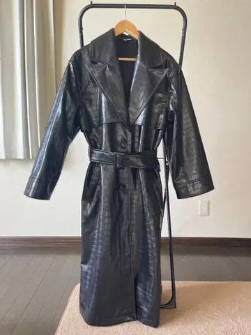 블랙 가죽 롱 코트 벨트 포함