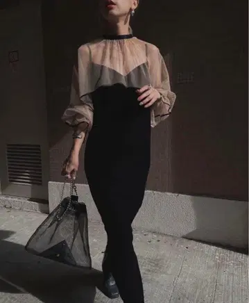 AMERI 롱 드레스 블랙/베이지 비침