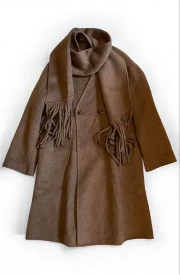 [미사용 새상품] 스톨 포함 롱 코트 브라운 더블 버튼 울 혼방