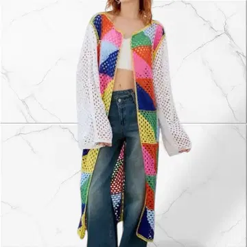 택 포함 새상품 L 컬러풀 롱 시스루 니트 가디건 클레이 배색