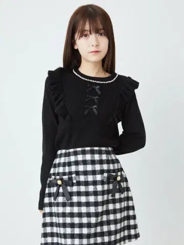 Ank Rouge 3개 리본 프릴 니트 블랙