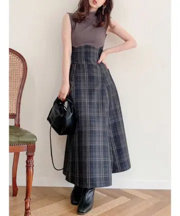 체크 슬리브리스 코르셋 원피스