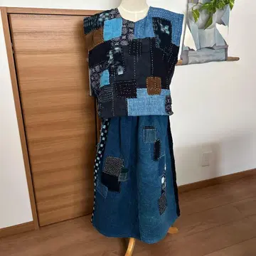 네이비 나염 빈티지 원단 자수 베스트