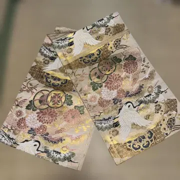 고급 후쿠로 오비 꽃과 백학 디자인
