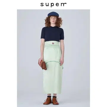 SUPERR 라이트 그린 하이웨스트 스트레이트 스커트 꽃 장식 포함