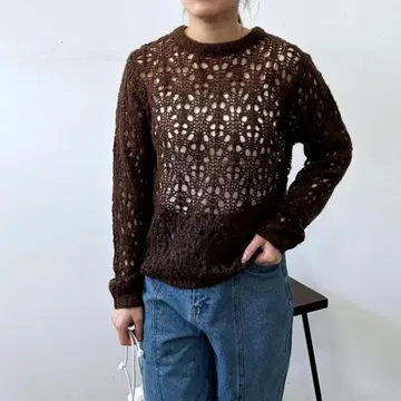 미사용 새상품 브라운 레이스 편직 긴팔 니트