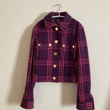 퍼플 계열 체크 크롭 자켓
