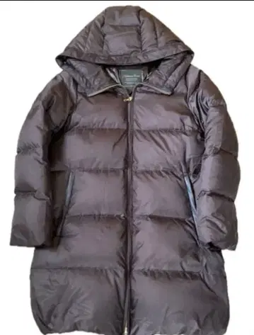 다크 브라운 후드 부착 롱 다운 자켓