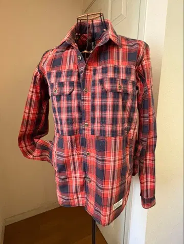 남성용 긴팔 셔츠 빨간색 네이비 체크 아메카지