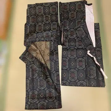 네이비 컬러 실크 기모노 기하학 패턴 도행 앙상블