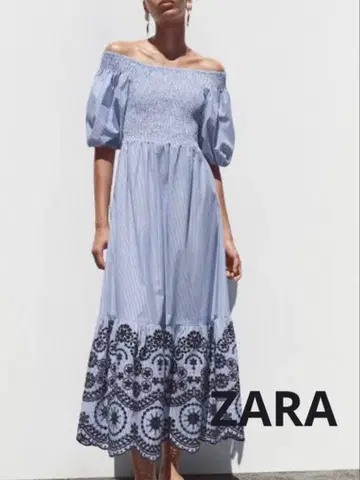 ZARA 스트라이프 패턴 자수 미디 기장 오프숄더 원피스