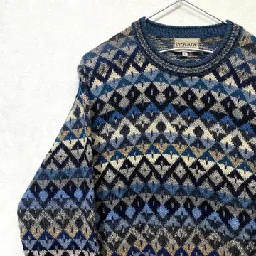 디자인 니트 올 패턴 알파카 100% 빈티지 레트로 블루 다이아