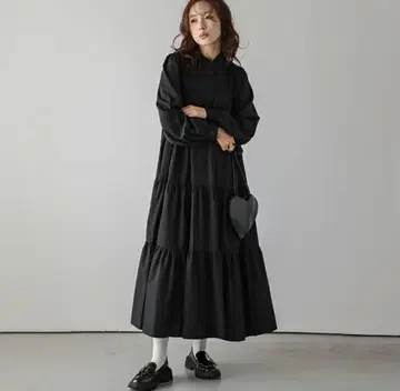 라지엠 티어드 원피스 긴팔 롱 원피스 블랙