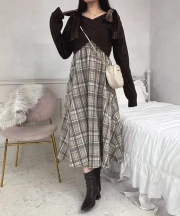 apres jour 어깨 리본 체크 원피스 베이지