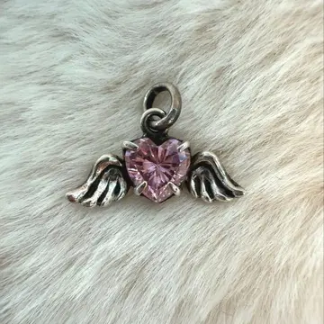 하트 모양 날개 핑크 스톤 실버 목걸이 참 레어