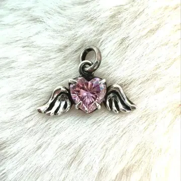 하트 모양 날개 핑크 스톤 실버 목걸이 참 레어