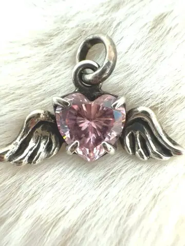 하트 모양 날개 핑크 스톤 실버 목걸이 참 레어 천사 엔젤