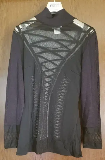 얇은 소재 니트 블랙 메쉬 디자인 긴팔 하이넥 상의 실버 이너 포함