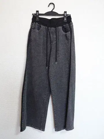 그레이 와이드 데님 팬츠 허리밴딩