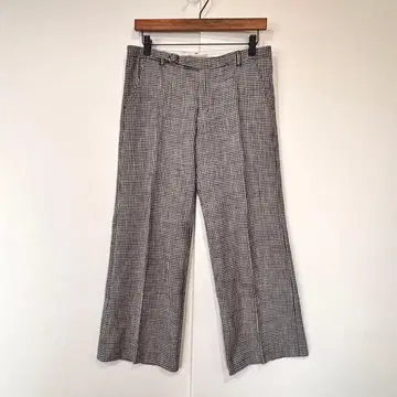 휴먼 우먼 캐주얼 팬츠 와이드 하운드투스 크롭 면 린넨 화이트 블랙