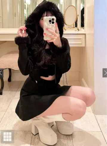 퍼 후드티 x 플레어 스커트 니트 셋업 블랙 [ an1481 ]